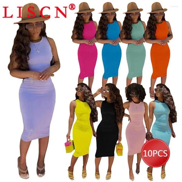 Lässige Kleider 10pcs Bulk Gegenstände Großhandel Lose Bodycon Kleid für Frauen Sommer 2024 ärmellose sexy y2k Feste Farbe o-Neck Maxi K11088