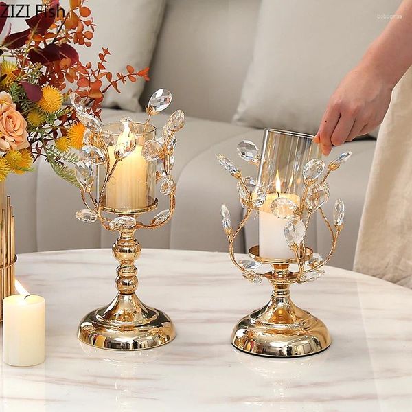 Kerzenhalter Glas Metallhalter Goldener Blütenblattkristallbaumform Desktop Crafts Ornamente Hochzeit Accessoires Home Dekoration