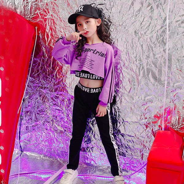 New Children's Jazz Dance Performance Clothing Girls 'Purple Top Hip Hop Solte de dança de rua Loose Set