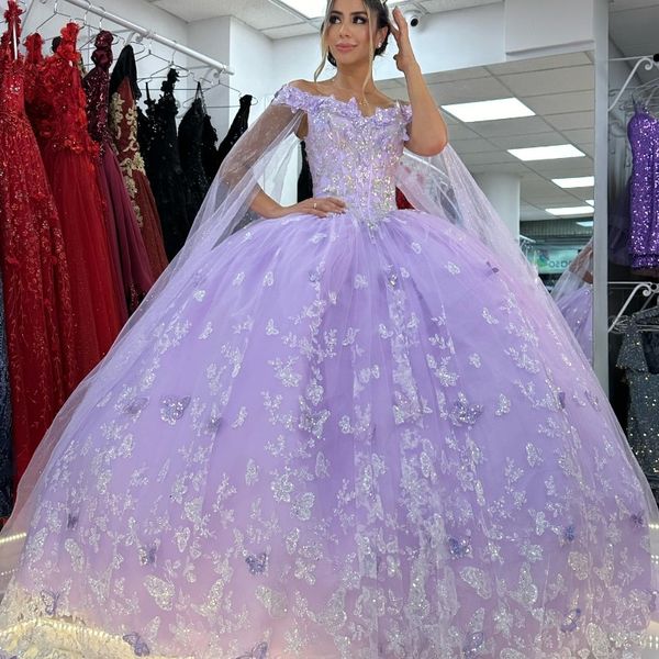 Lavanda brilhante fora do ombro Quinceanera vestidos de renda de renda