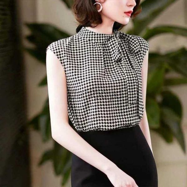 Frauenblusen Hemden Sommer Korean Bow Schnürung Chiffon -Shirt Elegant Stand Collar Hound Tooth Office Lady Blouses Vintage lässige ärmellose Top Frauen 240411