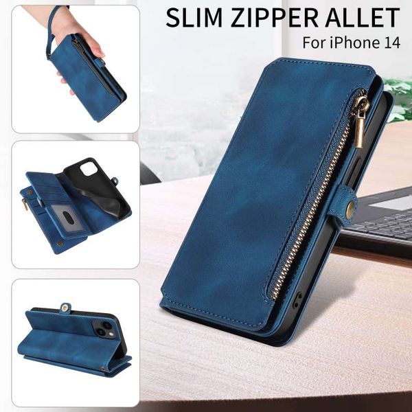 Caixa de designer de estojo iPhone Flip Flip Zipper Bag Wallet Leather Wristled Case Funcional para iPhone 15 Promax, Apple 14 iPhone 13 Apple 12 iPhone 11 iPhone X