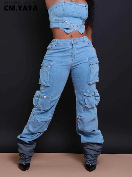 Frauen Jeans cm.yaya Womens Fashion Co. Ltd. Taschenlattform Reißverschluss Flug Jeanshose 2023 Ins Safari -Ladung Weitbein Jeans C240411