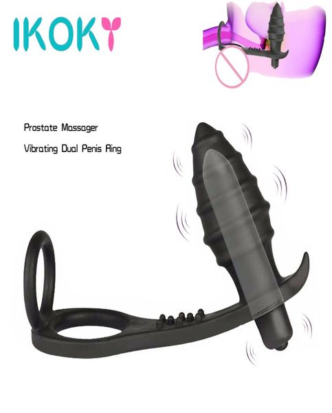 Ikoky Dual Cock Ring Butt Plug Anal Dildo Vibrator Silicon Prostata Massagebippe Vibrator GSPOT Erwachsene Produkte Sexspielzeug für Männer Y1908902056