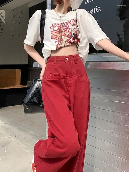 Женские джинсы 2024 90 -е годы Y2K Красные мешковатые женщины Корейский стиль Основные негабаритные джинсовые штаны.