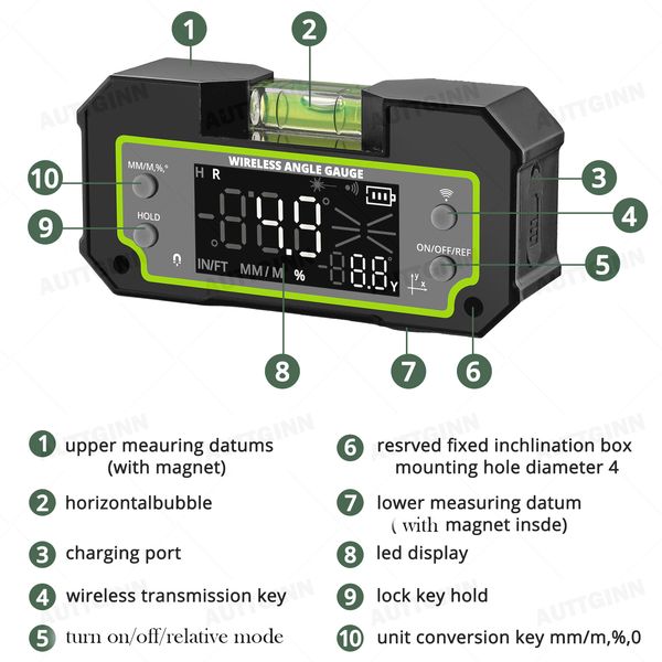 Bluetooth Inclinometer Dual Eixo Digital Transferidor de Medição do ângulo do ângulo BIAX Caixa de nível magnético recarregável 0.1 grau