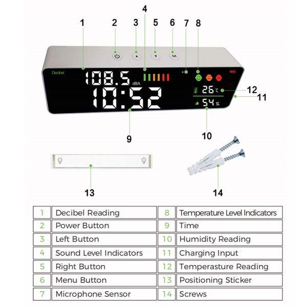 Decibel medido de parede de dienmern com tuya wifi para medir a temperatura do produto e umidade do relógio do medidor de nível de ruído do nível de ruído