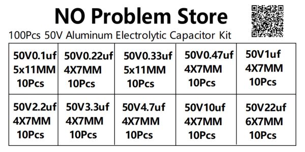 100pcs 10 Value Kit 50V 0,1UF-22UF-Elektrolyt-Kondensatorpaket für Arduino 0,1UF 0,22UF 0,33UF 0,47UF 1UF 2,2UF 3.3.UF 4,7UF