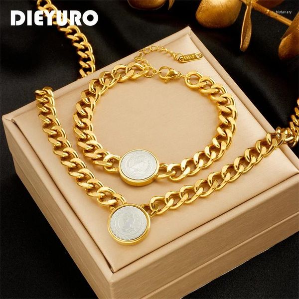 Brincos de colar Conjunto Dieyuro 316l Aço inoxidável Retrato redondo Bracelets de charme para mulheres Moda