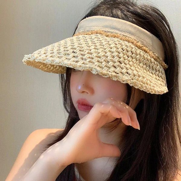 Шляпа Шляпы широких краев корейские соломенные женщины лето 2024 г. Универсальное лицо маленькое приморское пляж