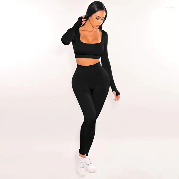 Calça de duas peças feminina mulher yoga 2 roupa de cor sólida coloração quadrada colheita longa colheita de manga longa tampa apertada com traje de nervura sexy de macacão casual