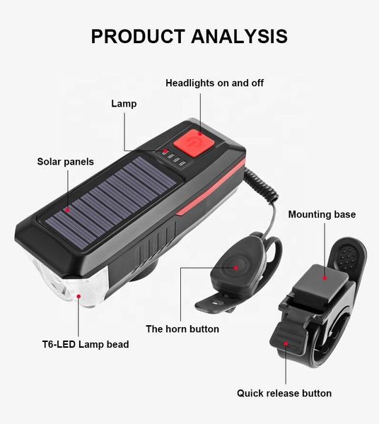 Luce per biciclette solare USB Display di alimentazione ricaricabile MTB Mountain Road Bike Lampada anteriore con flaccuggista Corna Luce biciclette