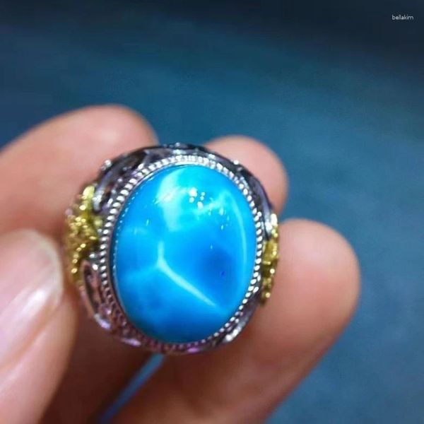 Ringos de cluster azul natural Larimar oval anel ajustável 16/12mm homens homens 925 prata esterlina