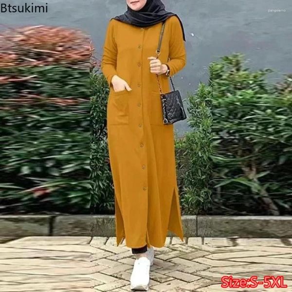 Vestido étnico 2024 VINTAGE VINTAGE PARA MULHERM MULHERES ABAYA HAJIB MANELA DE CAMISA O-GEGOM FEMAIS CASUAL MOXI MOXI