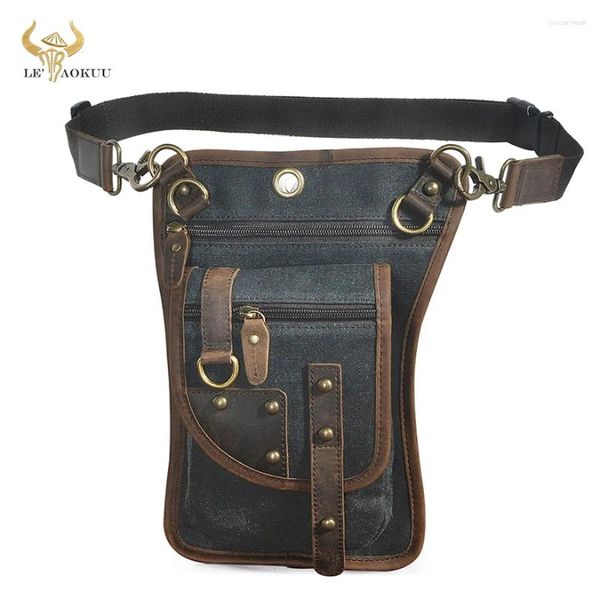 Taillenbeutel Canvas echtes Kuhleder Design kleiner Oten -Taschen -Reisegürtel Fanny Pack Bein Tablette Beutel für Männer männlich 2141