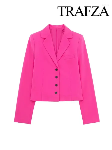 Ternos femininos Trafza Rose Red Blazer texturizada Blazer 2024 Spring Retro lapela Office de peito único Slim Top Short Y2K