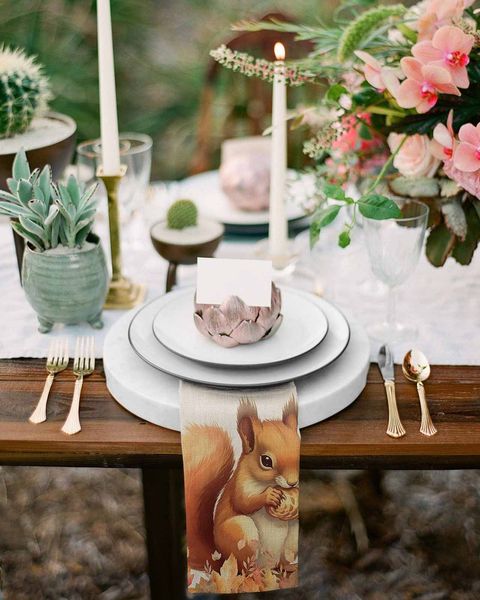 Thanksgiving Eichhörnchen Maple Blatt Tabelle Servietten Stoff Set Taschentuch Hochzeit Party Placemat Feiertag Bankett Tee Servietten
