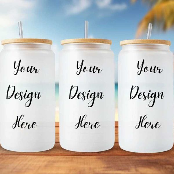 Tazze personalizzate subite in vetro di sublimazione con coperchi di bambù e cannucce Personality Beer Bip Glass Tumbler Can Cash a forma di bicchieri 240410