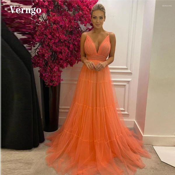 Partykleider Verngo eine Linie Orange Tüll Lange Abschlussball Spaghetti -Gurte Abendkleider Rückenless Besonderes Anlass Kleid Plus Size 2024