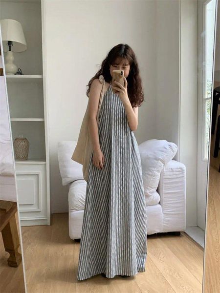 Lässige Kleider Binden von Halfter Maxi Kleid hohl Rückenfreie ärmellose Streifen Midi Long Summer Beach Feiertag Boho Lose breites Baggy Y2k Robe