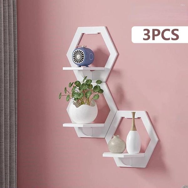 Dekorative Teller 3pcs Sechseck Wandregal Punch Free Plather Plattenausstellungsständer montierte Organizer Blume Pot Halter TV Hintergrund Home Decor