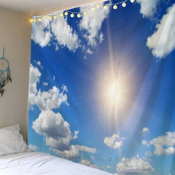 nuvens tapeçarias céu branco azul e parede de tapeçaria pendurada na sala hippie pano boho decoração de casa de praia yoga tapete sofá -cama lençol r0411