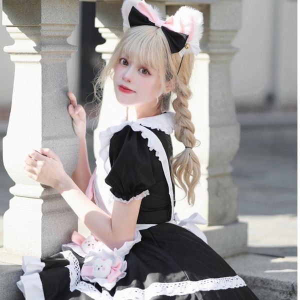 Yaz Unisex Lovely Lolita Tek Parça Etek Siyah Beyaz Cosplay Kıyafet 18-24 Yaş Hizmetçi Elbiseler% 100 Polyester Cafe WorkingCostume