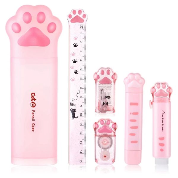 Spitzer Cat Paw Stationery Set, 6 Stcs Kawaii Cat Stationary Kit Bleistift Spitzer Einziehbarer Radiergummi Korrekturband Lineal Langlebig