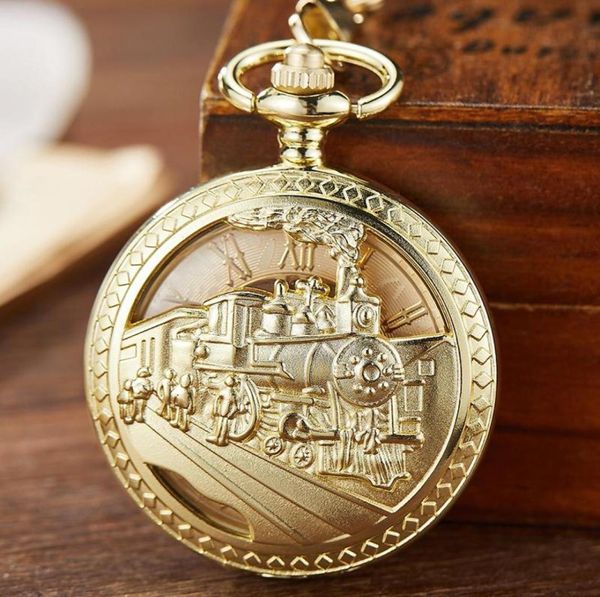 Pocket Watches Gold Mechanical Watch Hollow steampunk de trem gravado para a mão, colar de cadeia de esqueletos de mão -de -obra Pingente Pingente Clock5179354