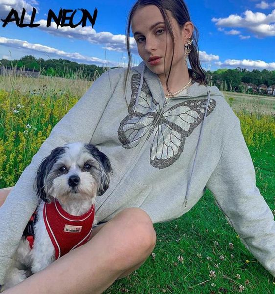 AllNeon Y2K Moda Moda de Butterfly Graphic Rhine-up Hoodies E-Girl 90s Streetwear Diamond Grey Long Jacket Autumn4217581