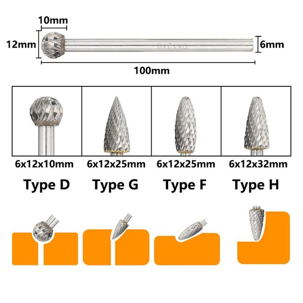 Xcan 6mm Schaft -Wolfram -Carbid -Rotationsbilder -Bit -Doppelschnitt -Rotary -Datei für Metallhandwerkzeuge D/F/G/H -Typ