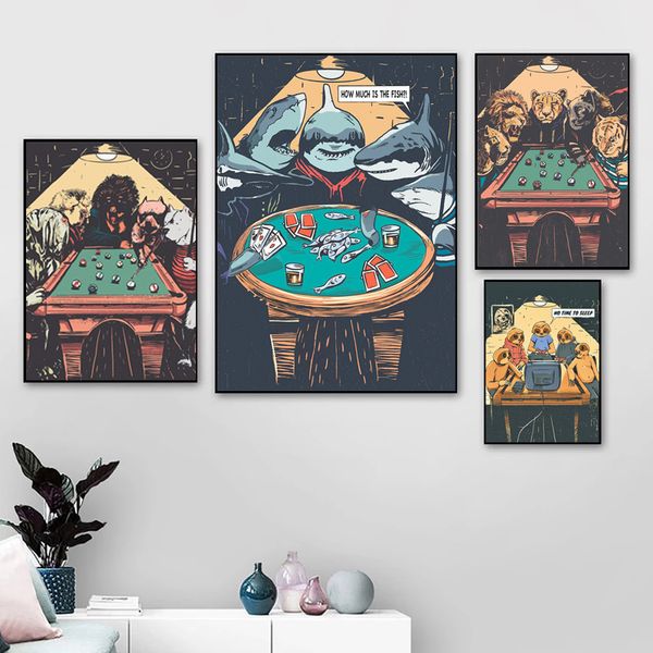 Lustiger Tierhai -Hund spielen Poker spielen Billiard Canvas Malerei Wandkunst Bilder Poster Drucke Wohnzimmer Wohnzimmerdekoration