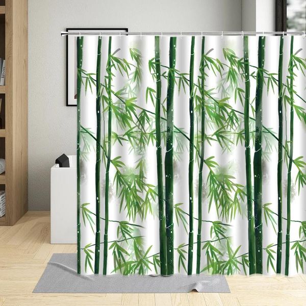 Duschvorhänge abstrakte federgrüne Blätter Bambusmuster Vorhangstangenpolte Pastoral Badezimmer Dekor Badbildschirme