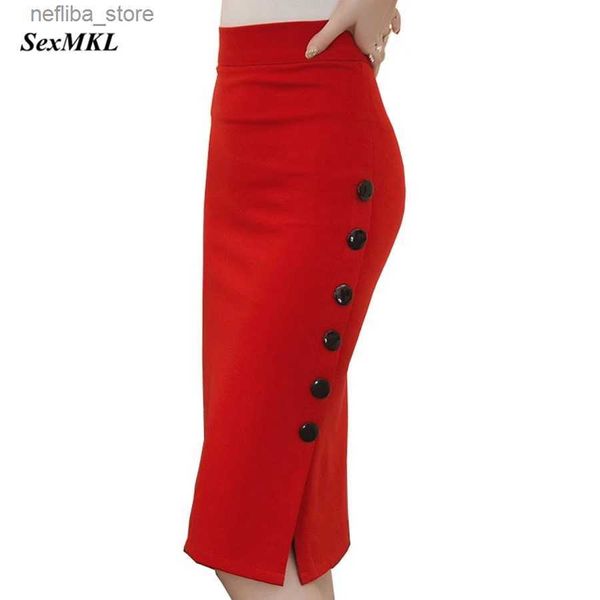 Gonna sexy oversize 2023 Fashion Women Work Midi Skirt Ol Y Open Pulsante a fessura Slim matita Gonna elegante Office Gonnocchini rossi Black L410