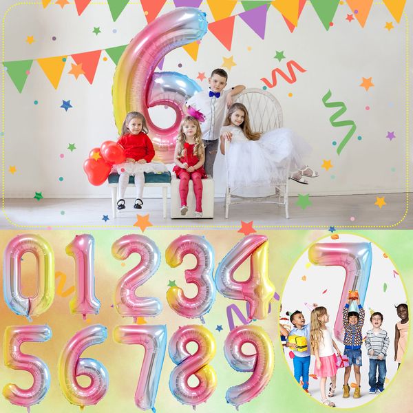Números de geléia de 40 polegadas 0 a 9 Balões Rainbow Birthday Gradient Numbers Balloons Girls Feliz aniversário decoração