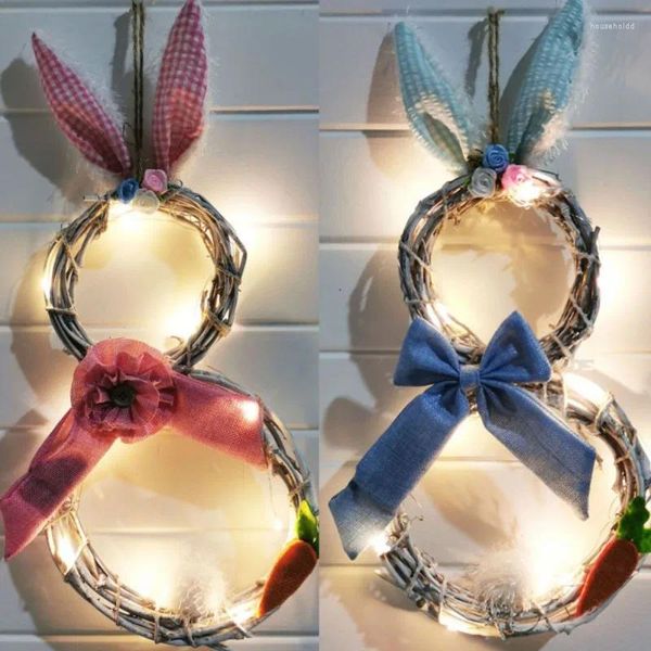 Fiori decorativi Anello Rattan Pasqua con luci Ornamenti della ghirlanda del cerchio per decorazioni da parete della porta anteriore