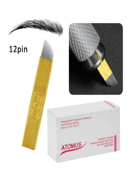 100pcs 12 pin pcd nakış kalemi için mikrobladlı iğneler kalıcı makyaj kaşları dövme malzemeleri makine eğimli kafa bıçakları altın2471943