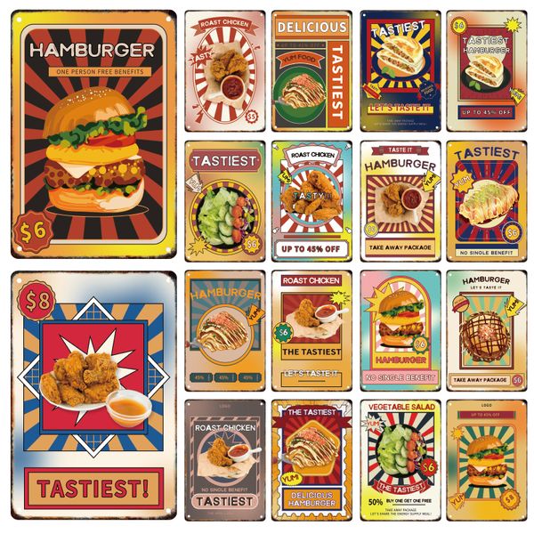 Modern Food hambúrguer Freh Fried Chicken Metal Poster Decoração Plata Pintura de lata SILHA COMPRESA DO MUITAR Restaurante Aestéticos de decoração de arte de parede