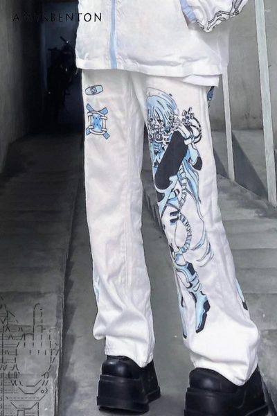 Jeans feminino gótico y2k anime impressão harajuku street estilo branco calça reta de perna alta alta cintura full baggy full casal