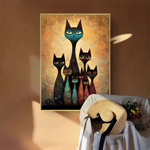 Gustav Klimt Style Cats Família abstrato de tela pintando fofo coelhinho de gato de estimação Posters e impressões de panos de parede decoração de imagens da sala