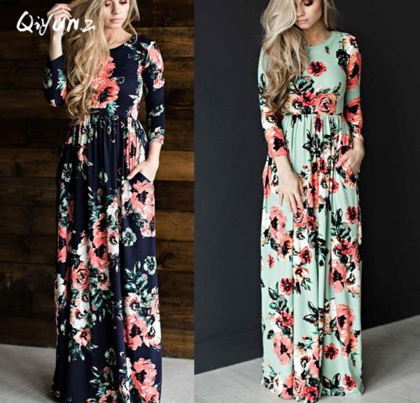 Весь Qiyunz 2017 Summer Boho Beach Press Fashion Floral Print Women Long Dress Трех четверти рукав свободный макси -платье 2080769