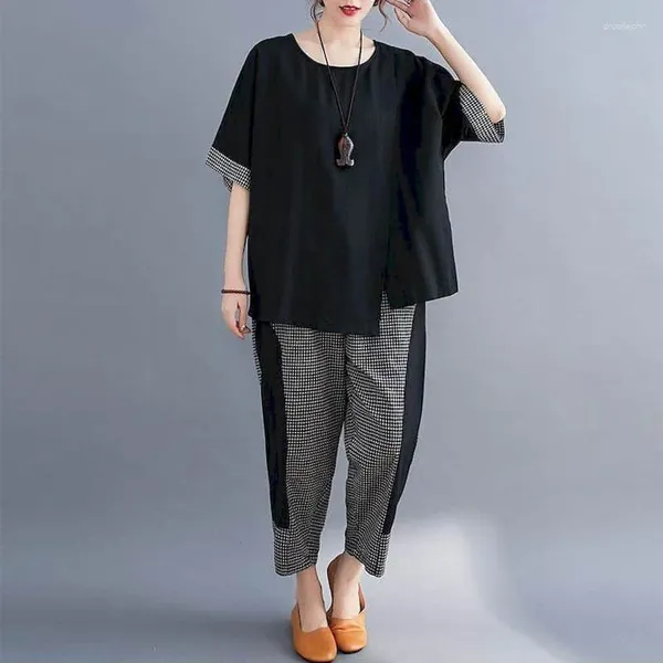 Женские женские брюки литература устанавливает винтажные свободные клетчатые рубашки с половиной рукава и случайные женские наряды в корейском стиле гарема