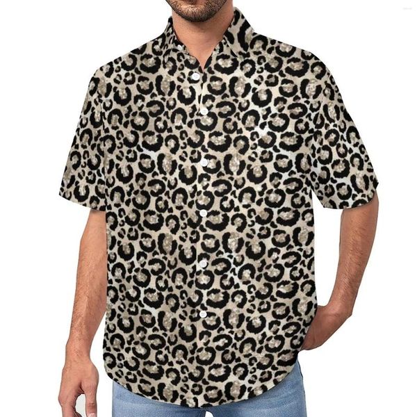 Camisas casuais masculinas Glitter Cheetah Postos Camisa Glam Glam Champagne Print Beach Loose Hawaiian BLUSES GRÁFICO TOP GRÁFICO GRÁFICO