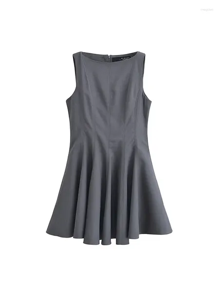 Повседневные платья дамы весенняя мода A-Line Плиссированное серое мини-платье летние женские рукавы с высокой талией Black Short