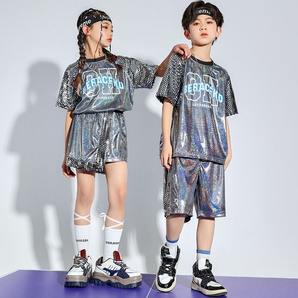 Kids Kpop Outfits Hip Hop Abbigliamento grigio Taglie con paillettes Casual Street Shorts per Girl Boy Jazz Dance COSTUME