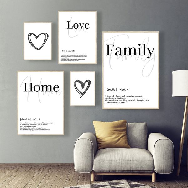Poster di arte di famiglia per famiglie Black White Love Stampa tela minimalista dipinto moderno per la casa