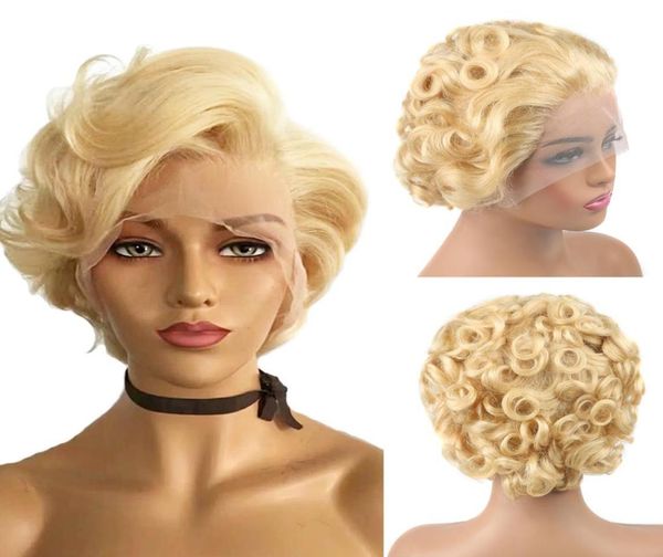 613 Honey biondo biondo pixie taglio parrucca in pizzo corto riccio 13x1 parte per donne sciolte capelli umani ricci5904405