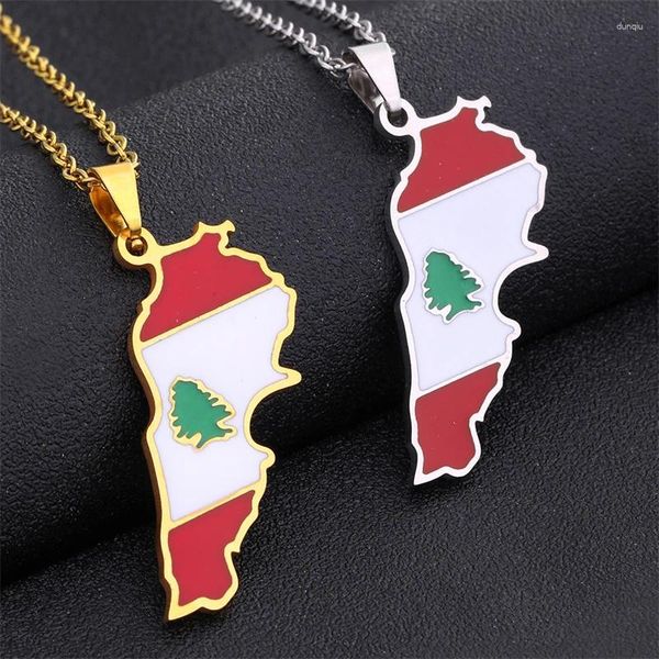 Correntes mapa do Líbano em aço inoxidável com pingentes de bandeira colares de cor prata/cor de jóias de cor dourada