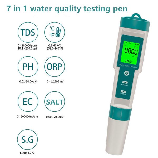 7 su 1 Penna di qualità dell'acqua multifunzionale Penna ad alta precisione LCD Retroilluminazione PH/ORP/EC/TEMP/SALT/S.G/TDS Misuratore impermeabile