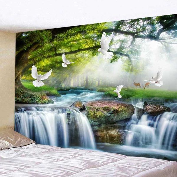 Taquestres naturais de tapeçaria barata rosa nuvem florestal cachoeira parede pendurada paisagem lake art ploth decoração home decoração r0411